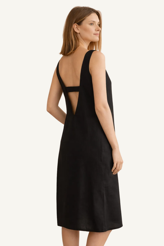 Naples Linen Dress in Midnight Black, women's European flax linen dress by HELINN