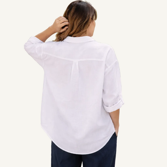 Amelia Island Linen Shirt in Ocean White, back view
