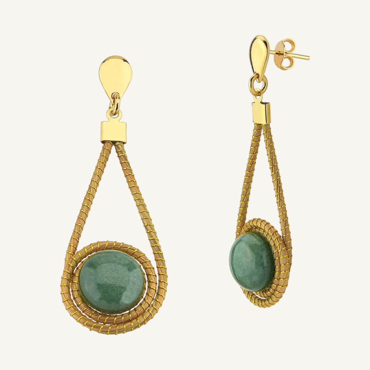 A pair of gold drop earrings featuring a textured gold frame with a round green gemstone, shown on a plain white background.