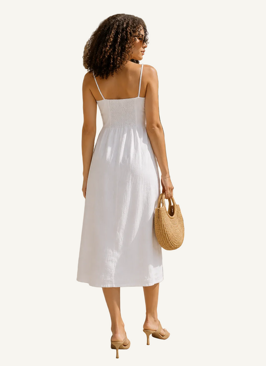Clareza Linen Midi Dress in Ocean White, back view