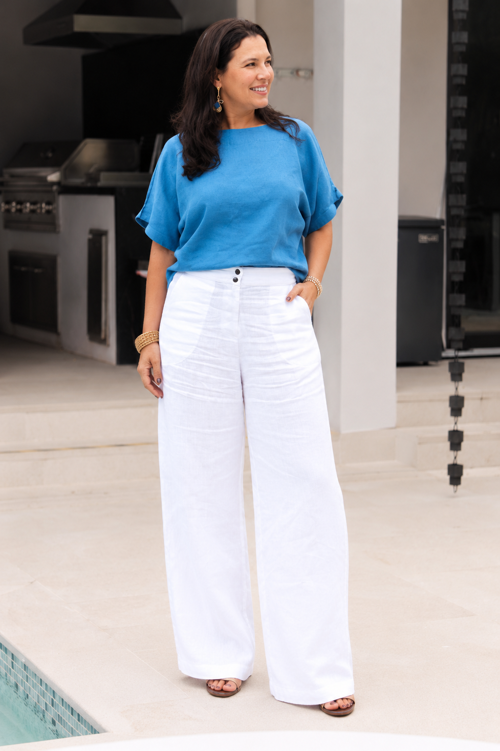 Women’s Coconut Grove Linen Pants crafted from European flax linen featuring a relaxed wide-leg silhouette, elasticized waistband, and timeless coastal style.