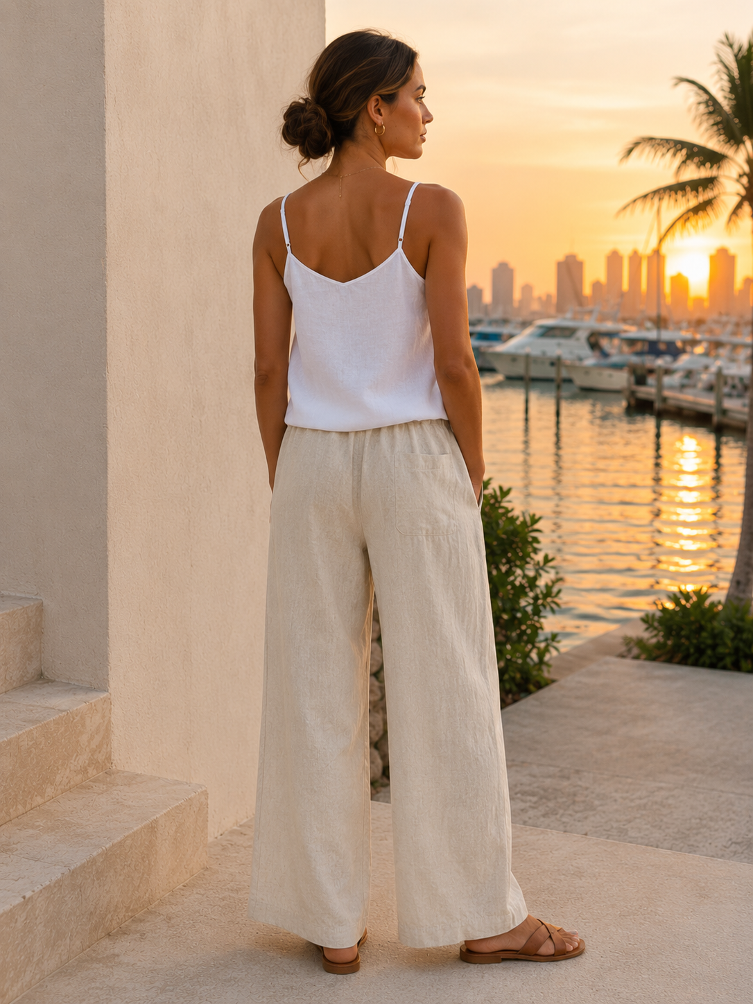 Back view of the Helinn Biscayne Linen Top in Ocean White showing adjustable shoulder straps and relaxed breathable linen silhouette.