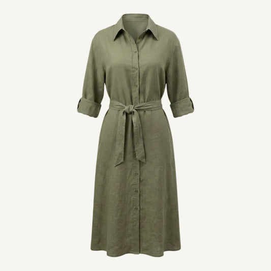 Key Biscayne Linen Dress in Mangrove Green, women's midi linen shirt dress by HELINN