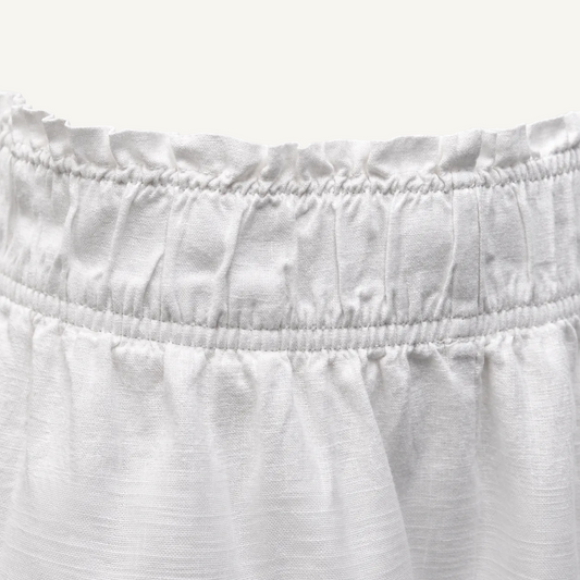 Close-up of a white textured fabric garment with a gathered elastic waistband.