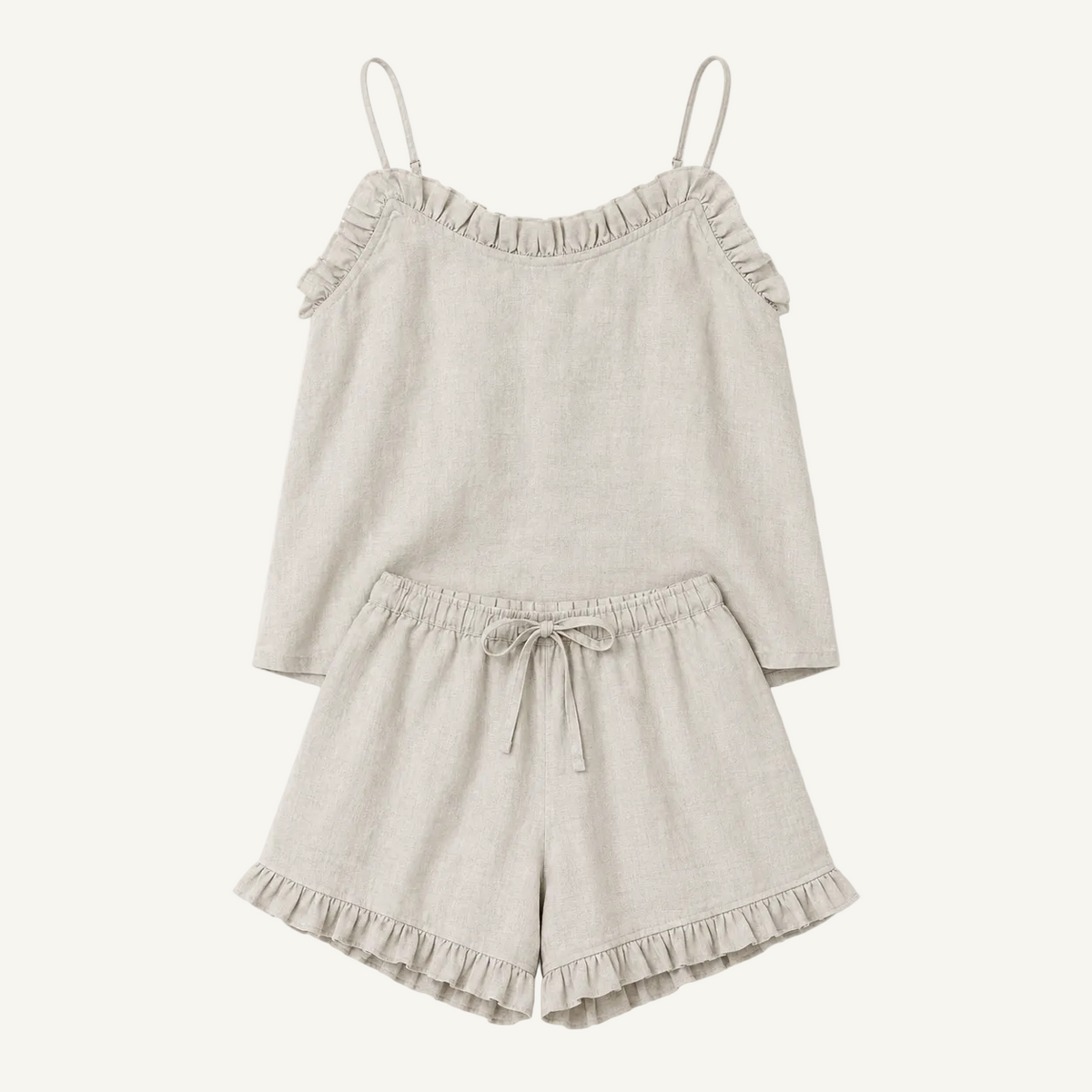 Siena Ruffle Linen Pajama Set in Raw Linen, camisole and ruffle-hem shorts by HELINN