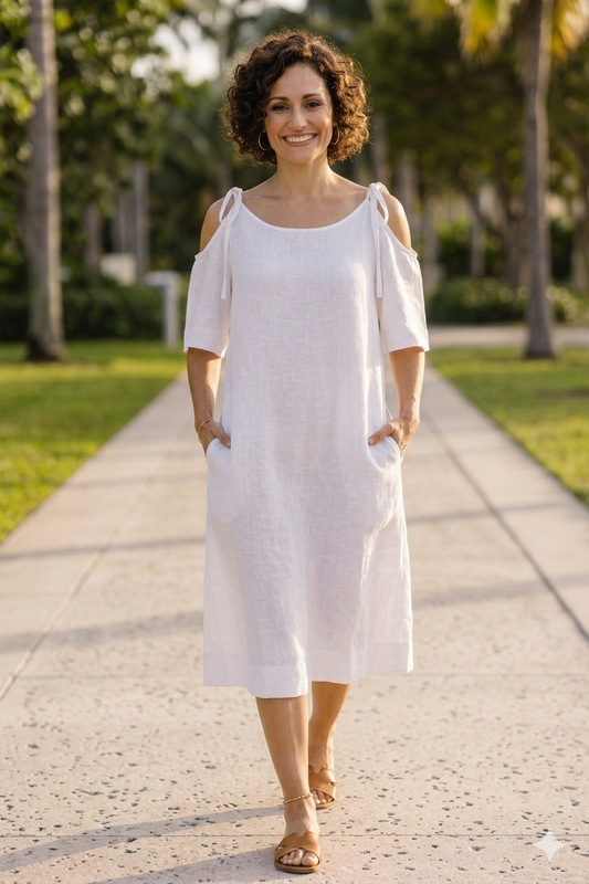 Sarasota Linen Dress in Ocean White, front view
