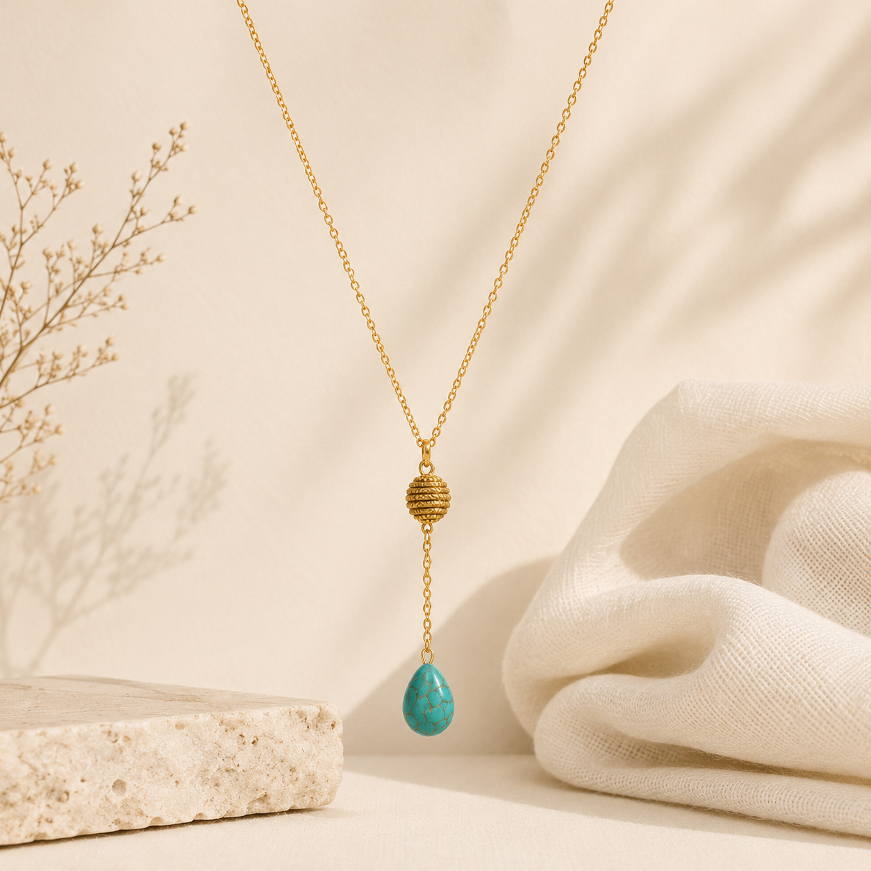 Aura Turquoise Drop Necklace handcrafted with Brazilian Golden Grass, natural turquoise teardrop, and premium 18K gold-plated chain by HELINN.