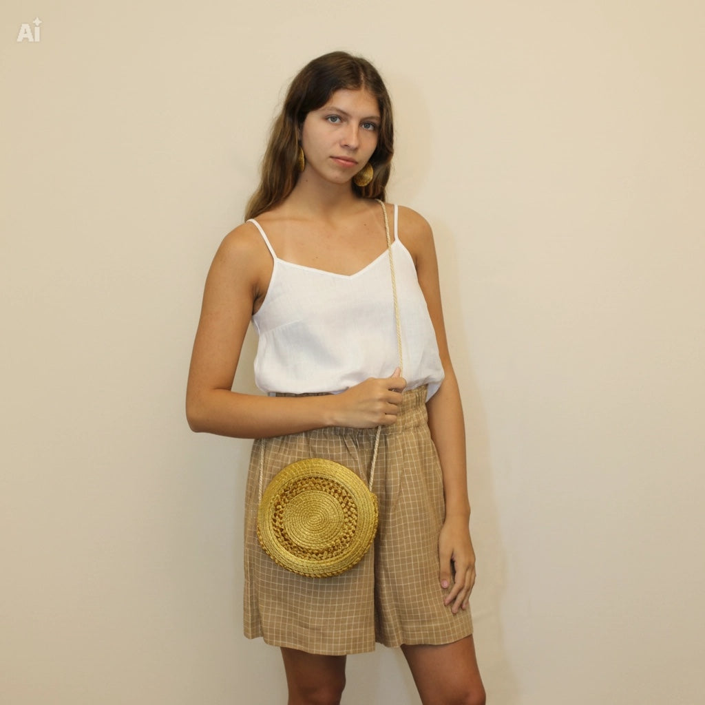 Detail of Dourado Circle Crossbody Bag showing handwoven Brazilian Golden Grass texture