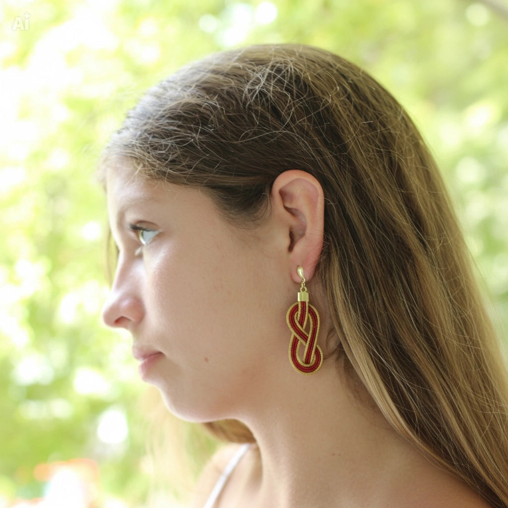 Woman wearing a gold and red earring with a blurred green background