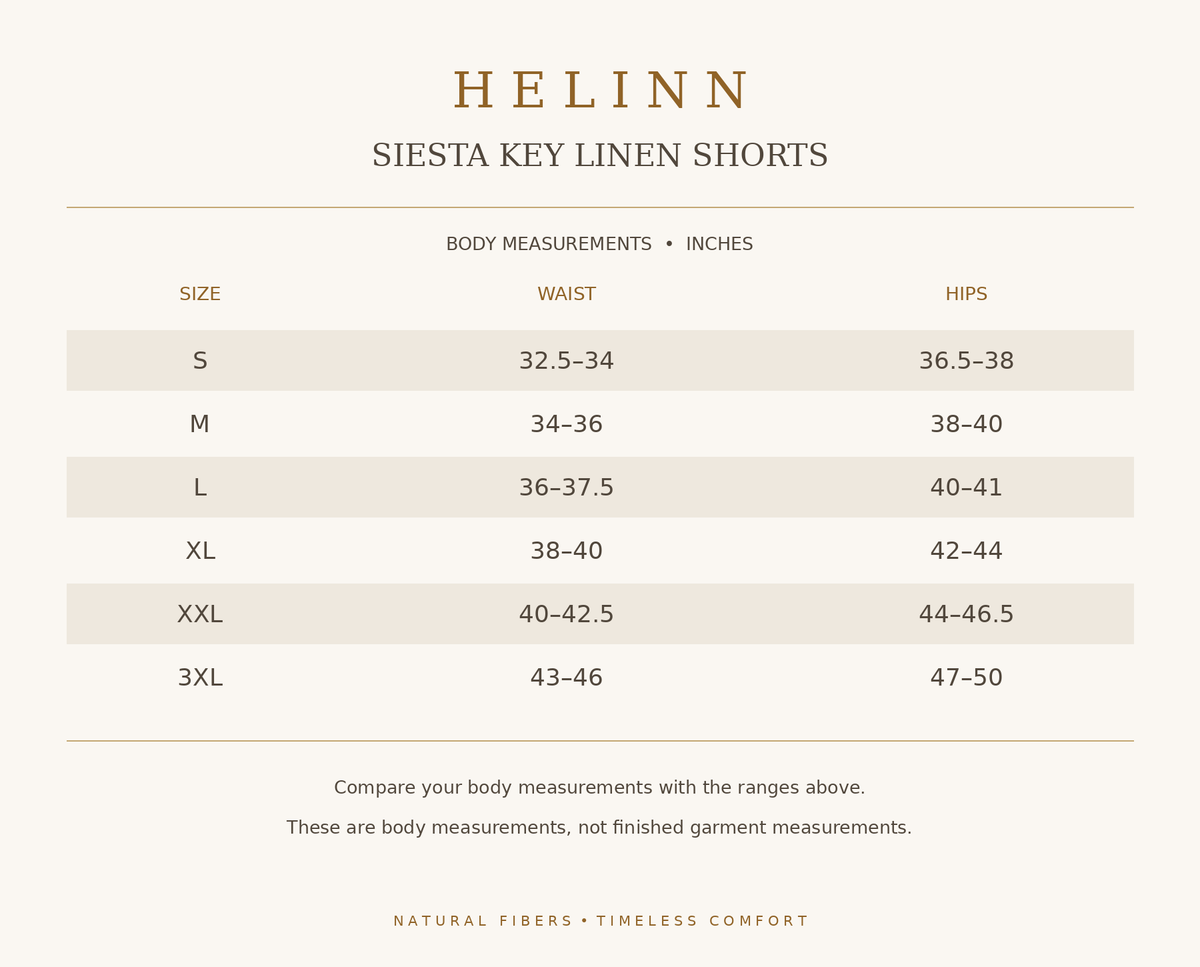 Siesta Key Linen Shorts size guide