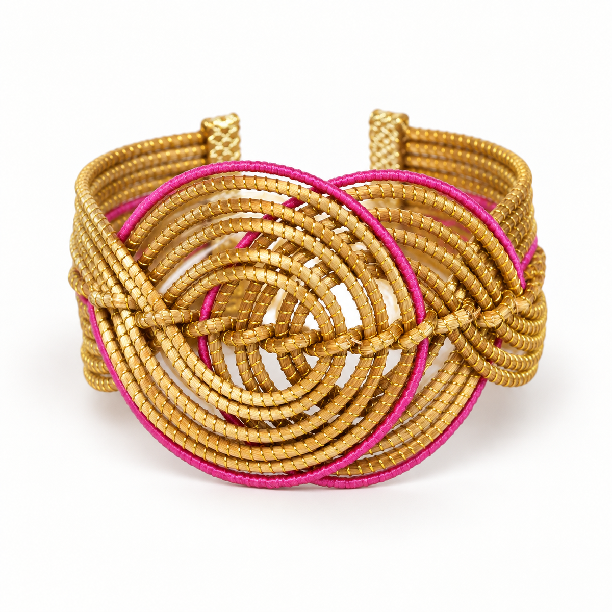 Vida Rosa Dourada Golden Grass Cuff Bracelet with pink detailing on a clean white background