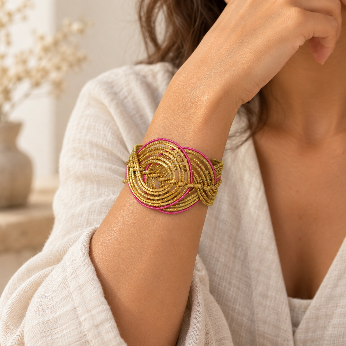 Vida Rosa Dourada Golden Grass Cuff Bracelet styled on the wrist in a clean lifestyle image
