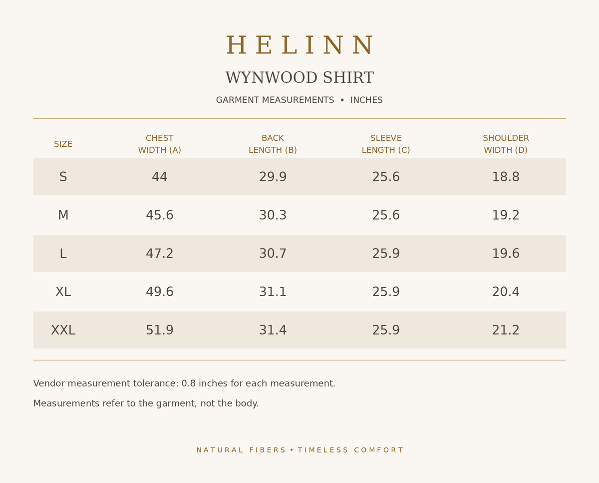 Wynwood Men’s European Linen Shirt size guide