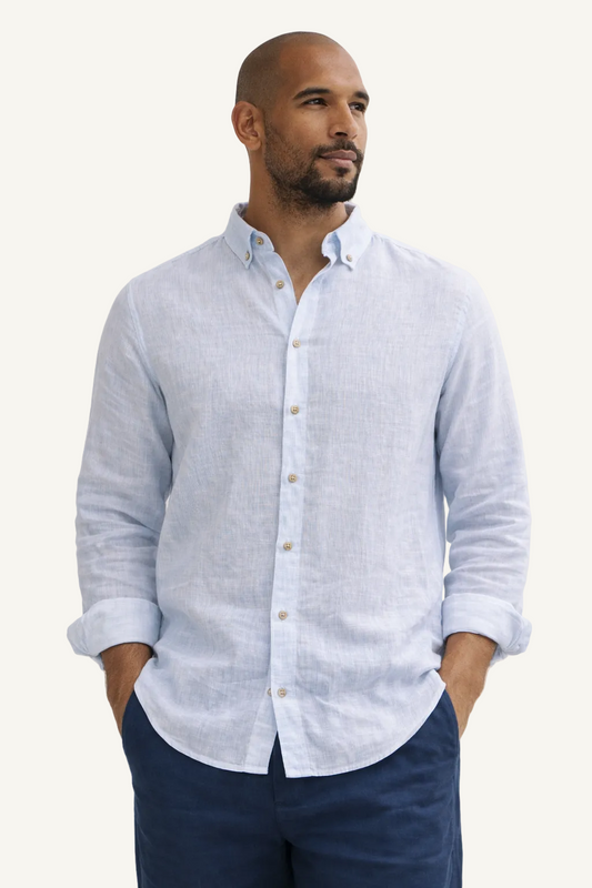 Melbourne Linen Shirt in Sailor Pinstripe, front view