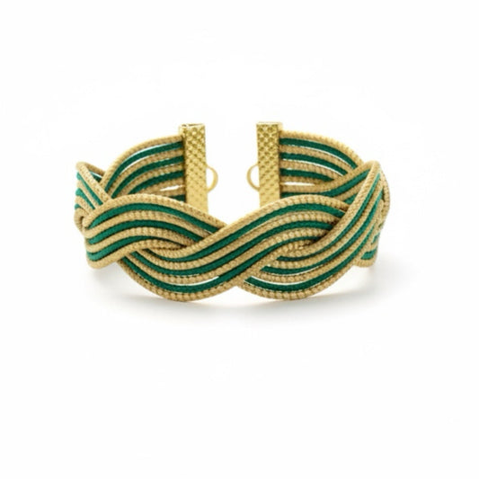 Terra Viva green and beige golden grass cuff bracelet by HELINN on white background
