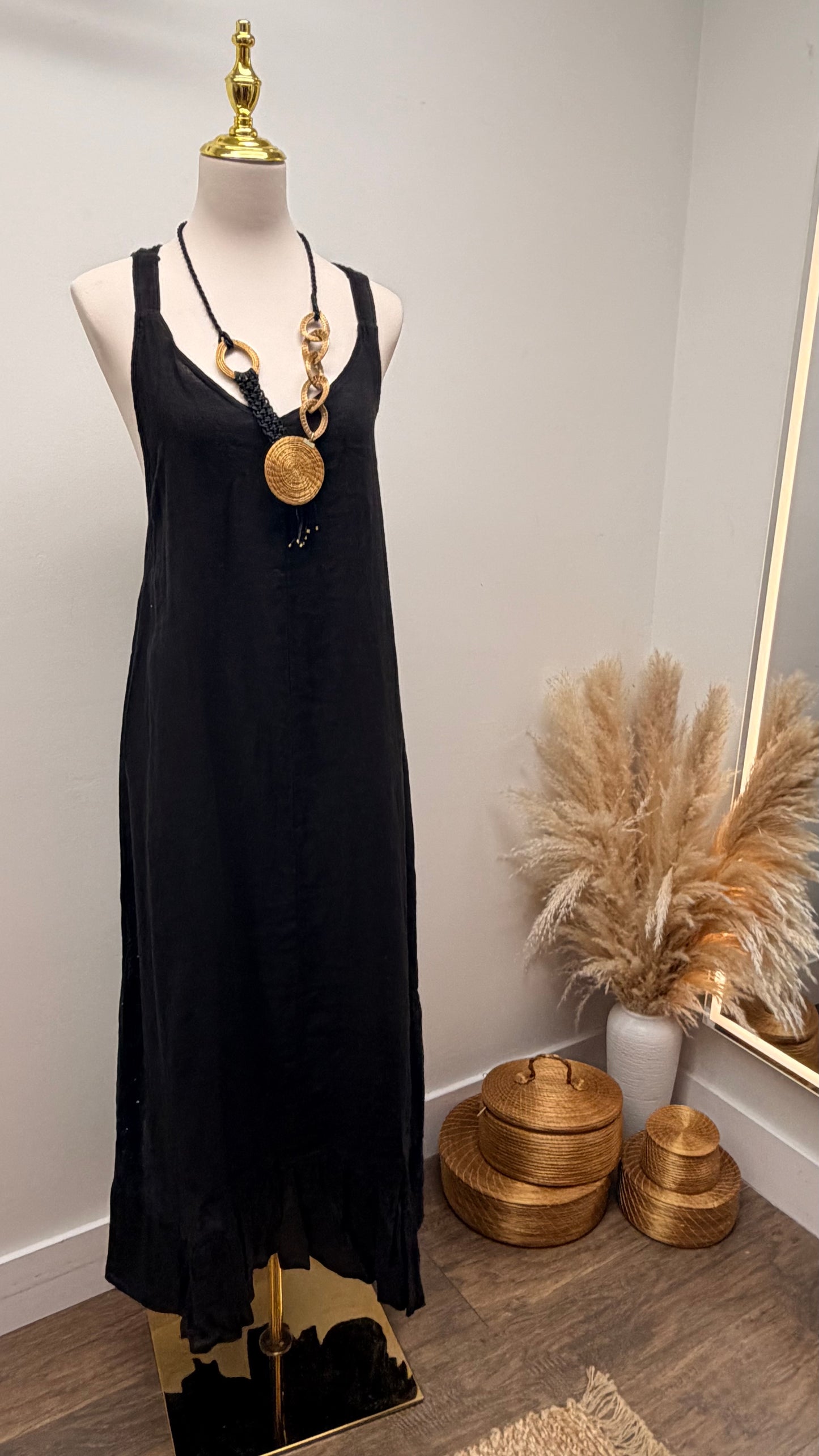 Mother’s Day Pairing – Black Linen Dress & Golden Grass Necklace