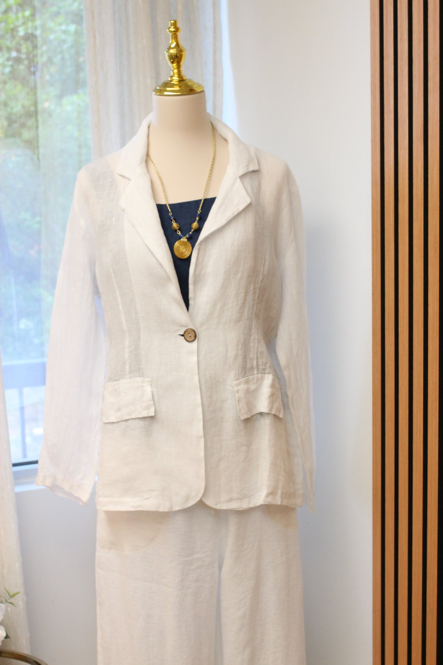 Mother’s Day Pairing – White Linen Jacket & Golden Grass Hoops