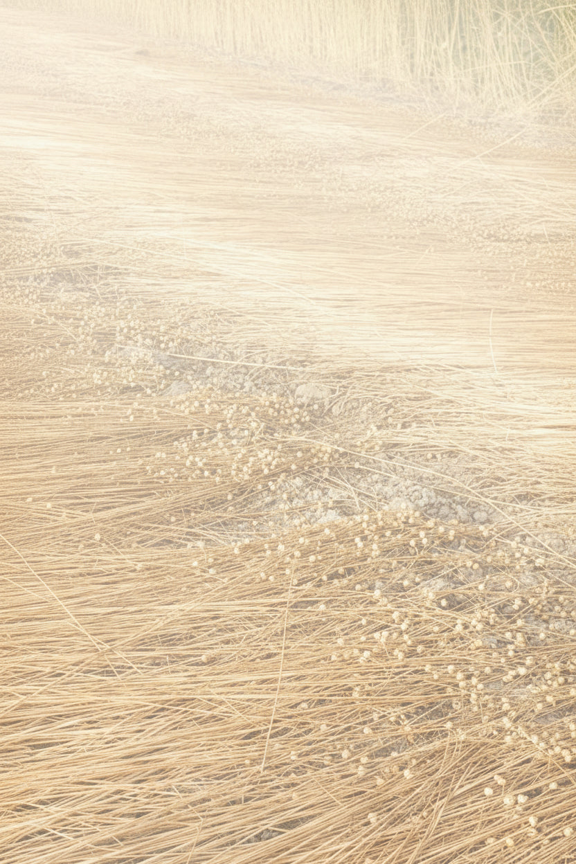 A close-up of a natural fiber product, likely a straw broom or decorative mat, scattered across a dry, golden-brown field with small beige seed pods lying on top.
