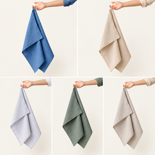 Six square panels show a person's hand holding up a folded linen  cloth towel in different colors against a light warm background: blue, beige, white, sage green, and light taupe.