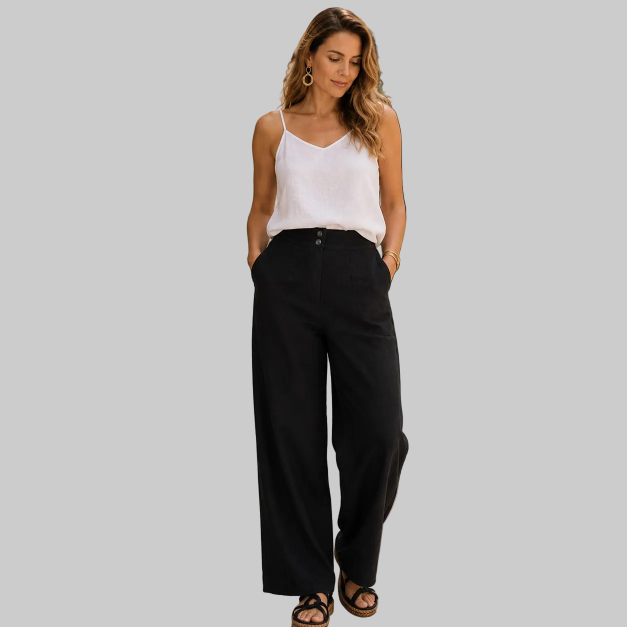 Coconut Grove Linen Pants in Midnight Black, front view