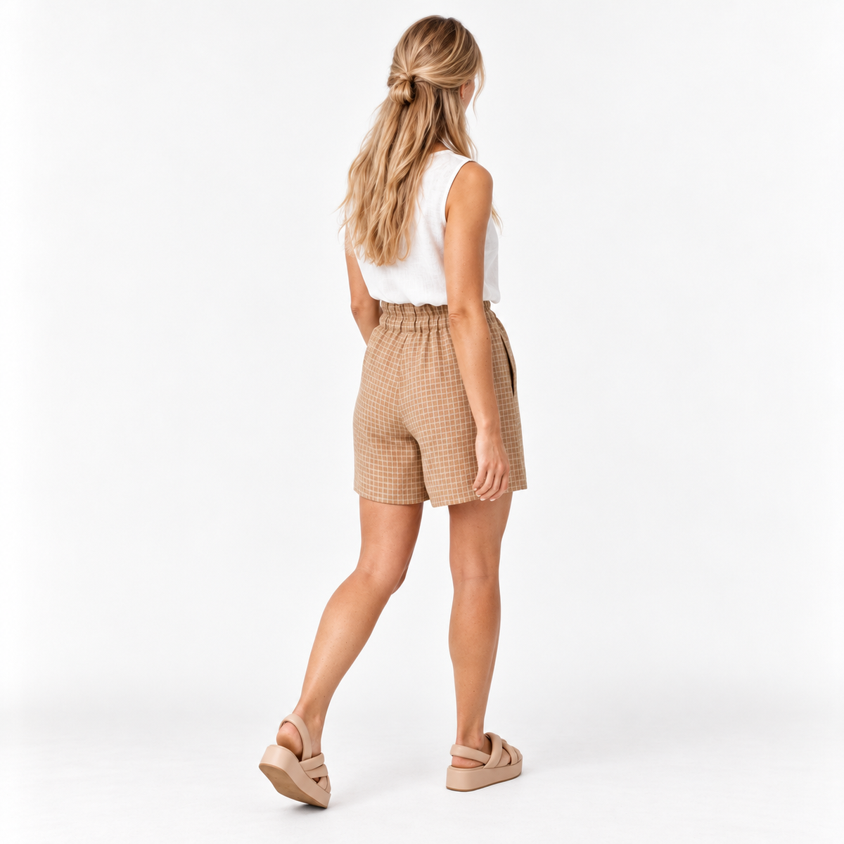 Seaside Linen Shorts in Driftwood Windowpane, women's European linen shorts