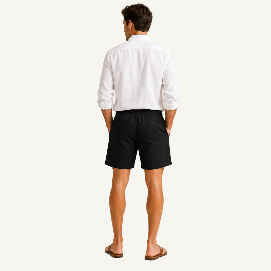A man viewed from behind wearing a white long-sleeve button-up shirt, black shorts, and brown sandals, standing against a plain light beige studio background.