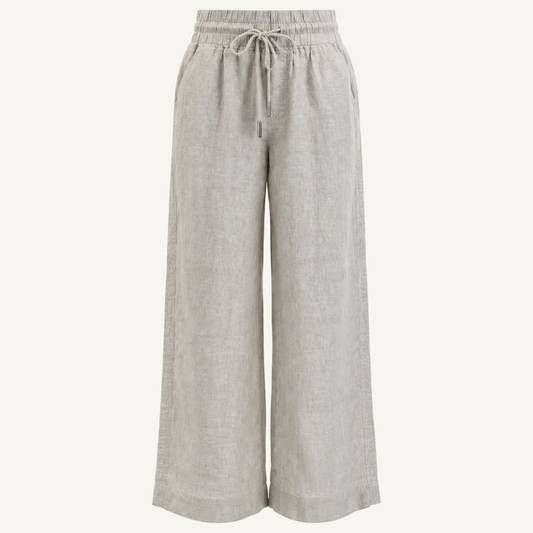 Light gray wide-leg linen pants with an elastic drawstring waist, shown on a plain white background.