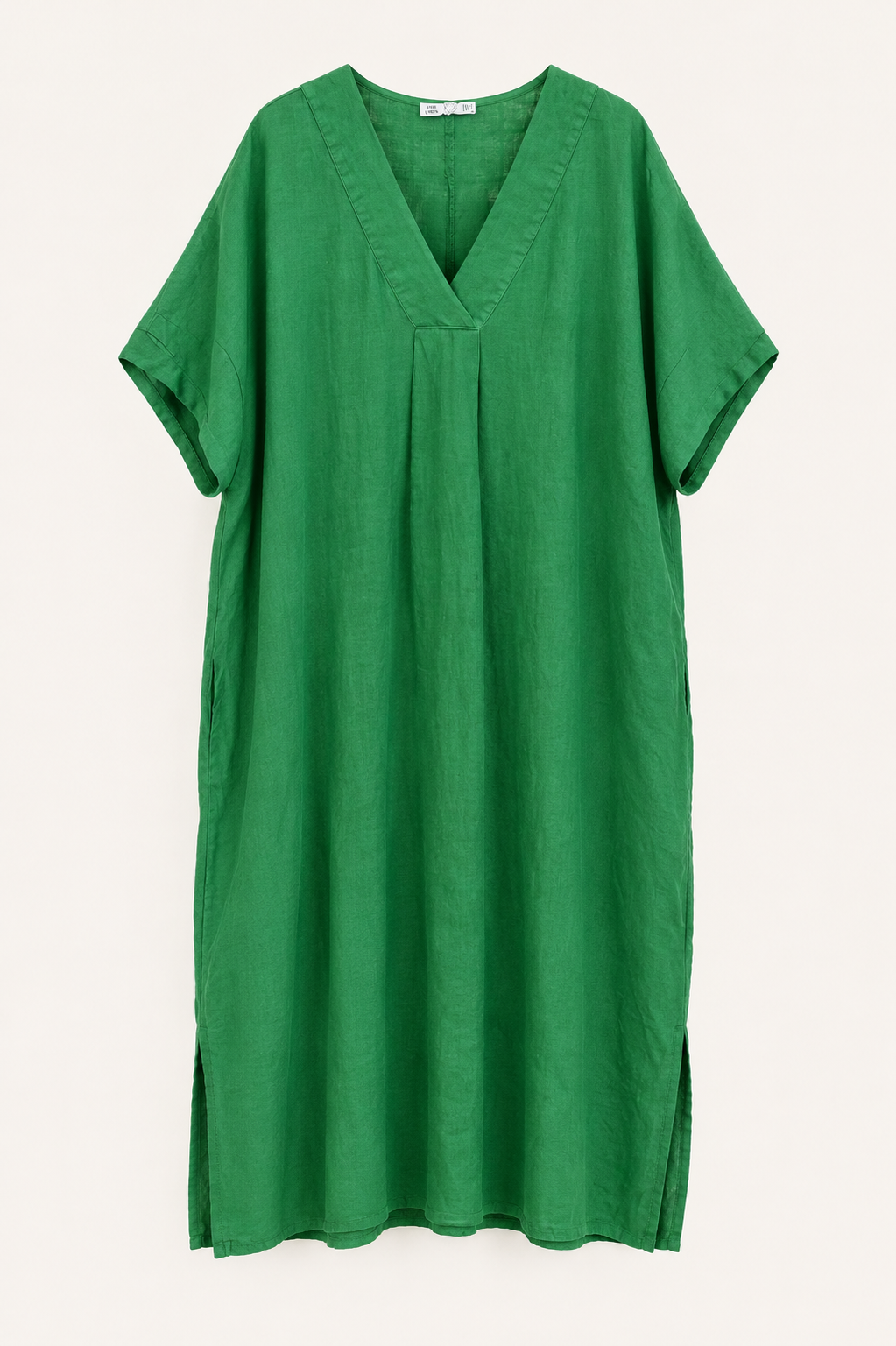 Front view of Verde Mare emerald green Italian linen maxi dress on neutral background