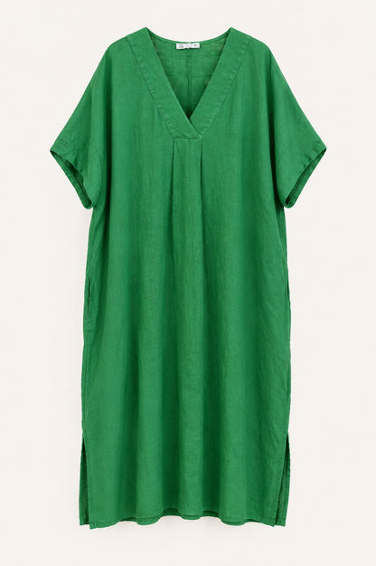Front view of Verde Mare emerald green Italian linen maxi dress on neutral background