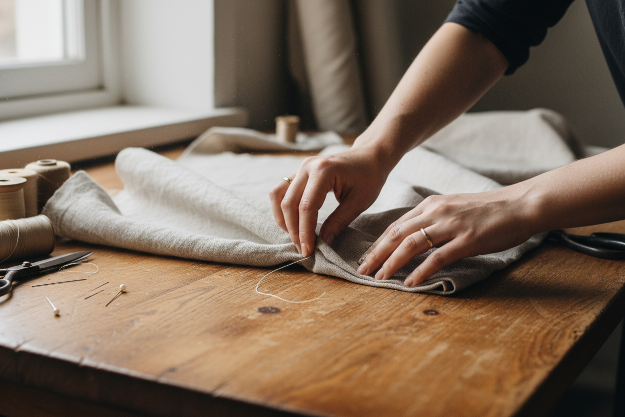 Artisan hands sewing or smoothing fabric on a wooden table.