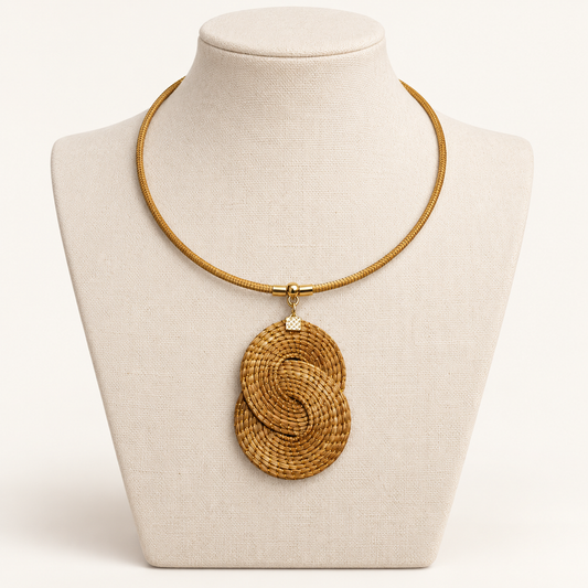 Eclipse Golden Grass pendant necklace handcrafted in natural fiber by HELINN
