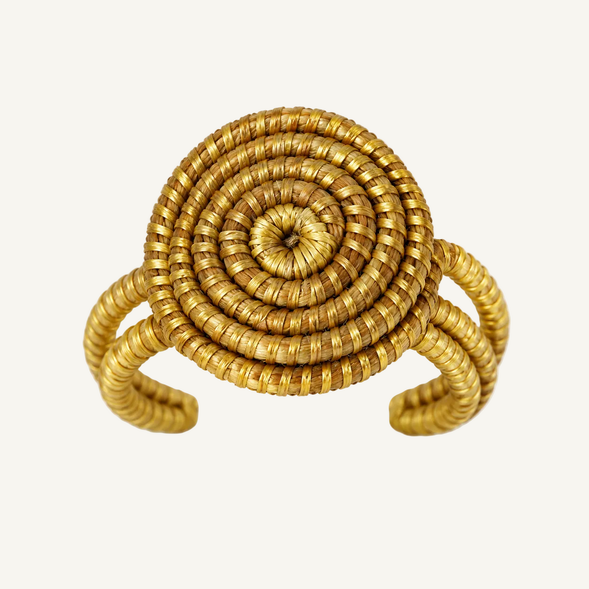 A gold-toned spiral cuff ring with a textured, ribbed finish, photographed on a clean white background.