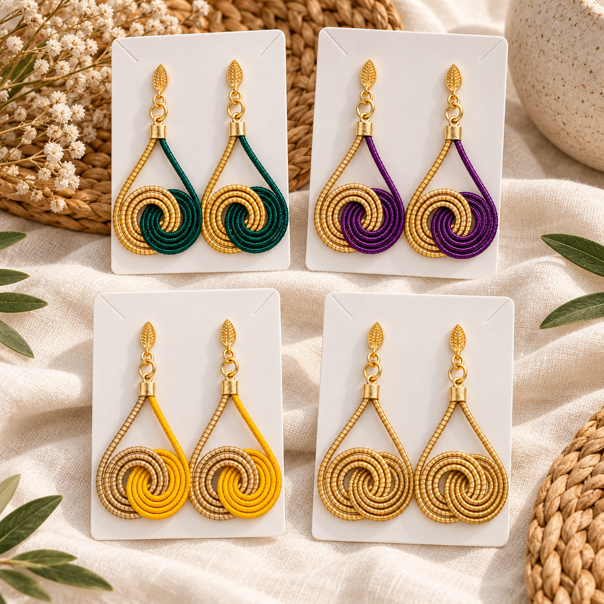 Vida Ondas Naturais earrings in gold, green, yellow, and purple